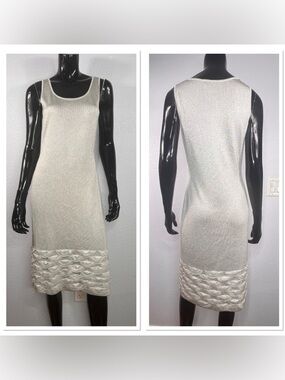 St. John Evening Shimmery Silver Knit Tank Dress w/Scalloped Studded Hem Sz 6